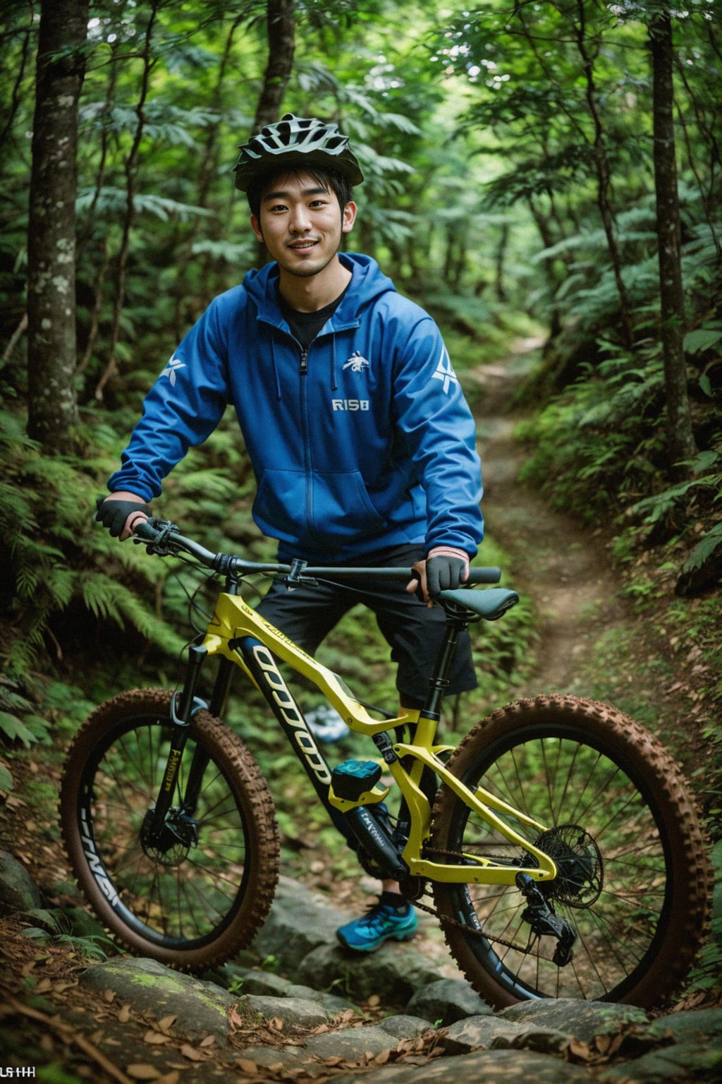 man as individual mountain biking through a dense forest trail