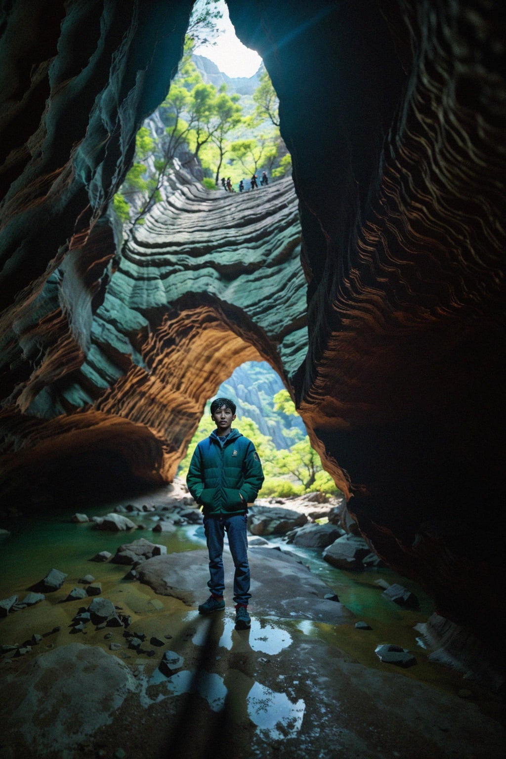 man as individual hiking through an impressive cave system