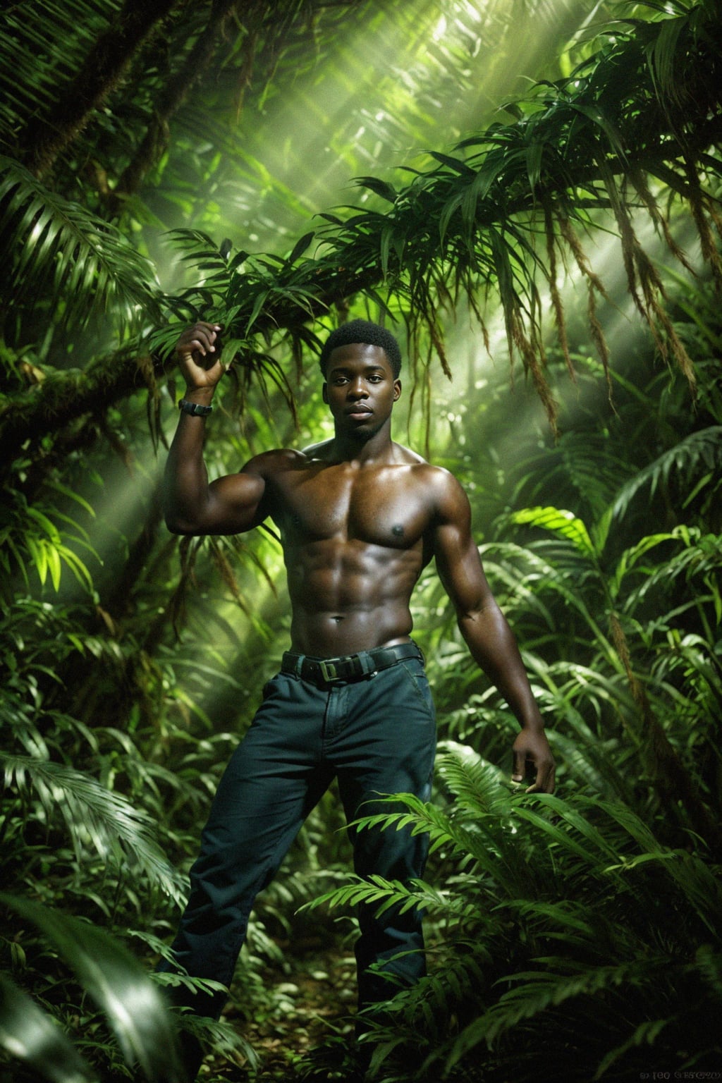 man exploring a dense jungle, with sunlight filtering through the canopy and creating a mystical ambiance