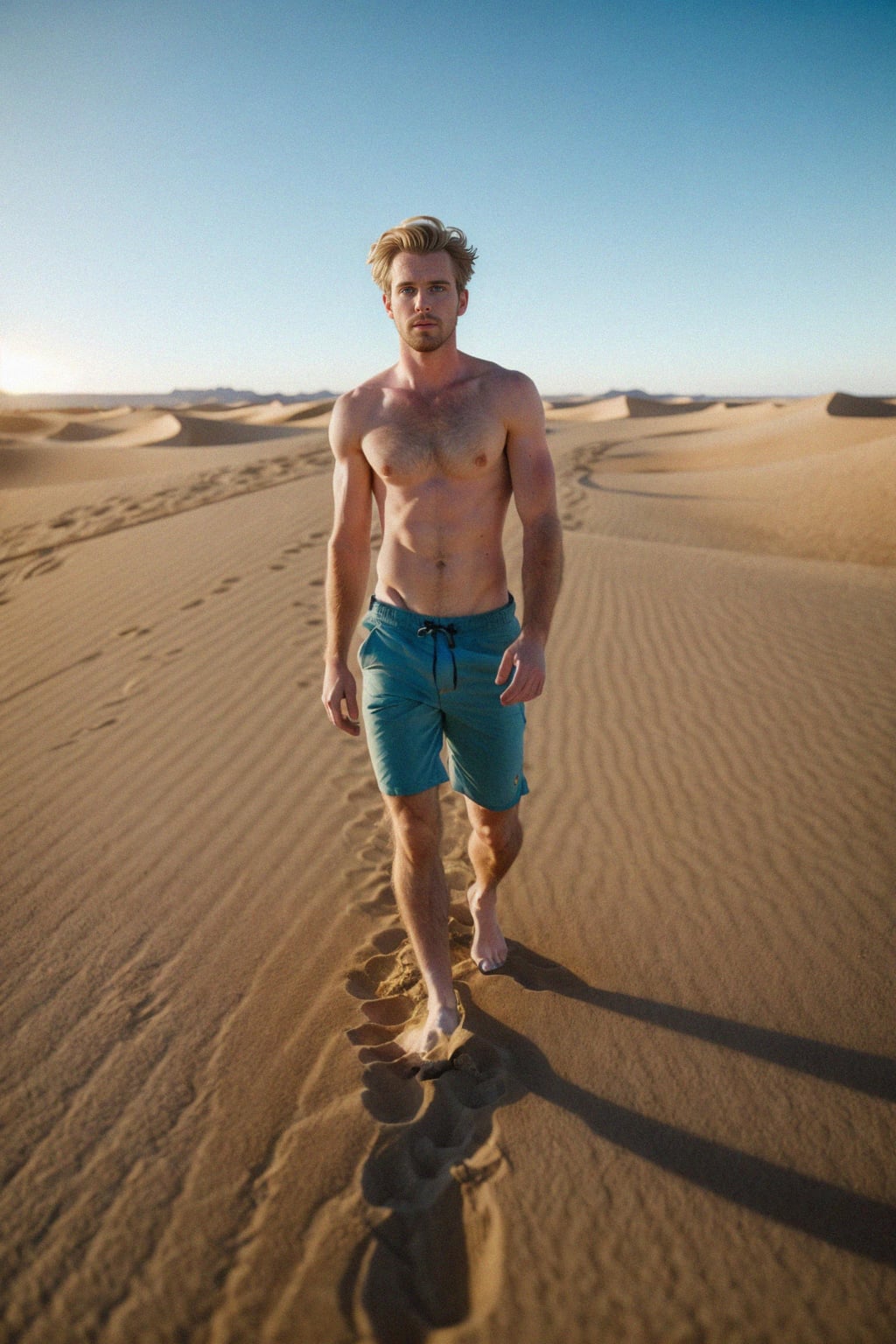 man walking barefoot along a sandy desert dune, connecting with the raw and vast expanse of nature