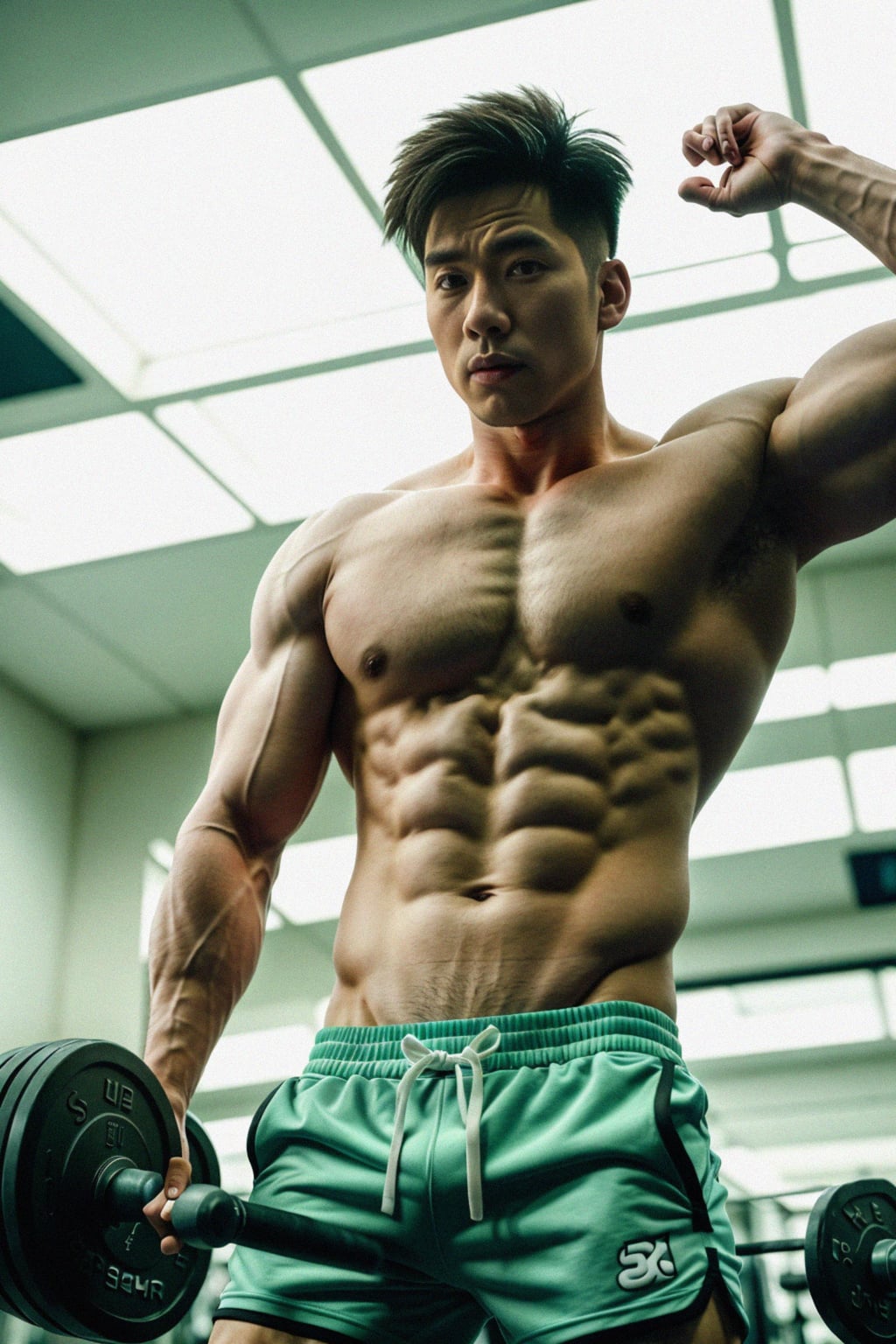 masculine  man wearing  gym shorts and tank top in the fitness gym working out