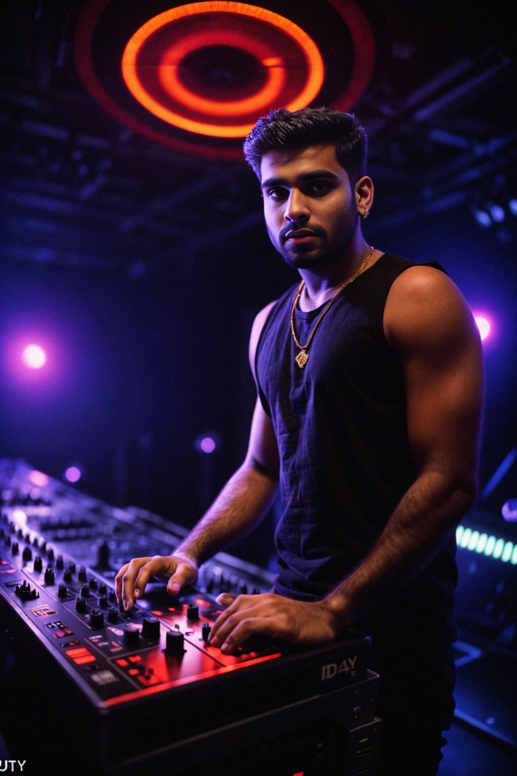 man behind the DJ booth in a nightclub, showing off the thrilling side of nightlife