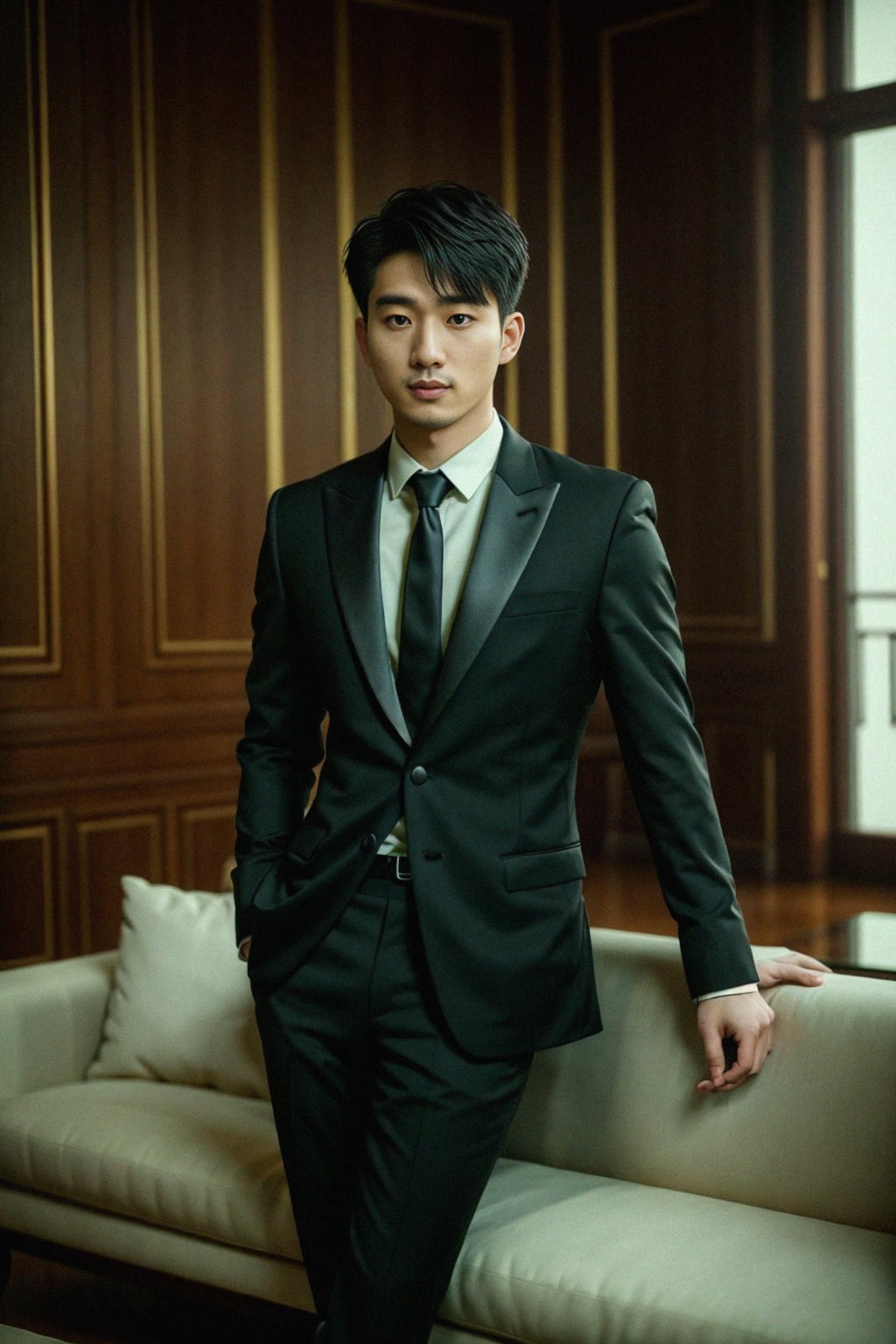 a man wearing  black suit in luxury villa living room, instagram photo, instagram,  fit body