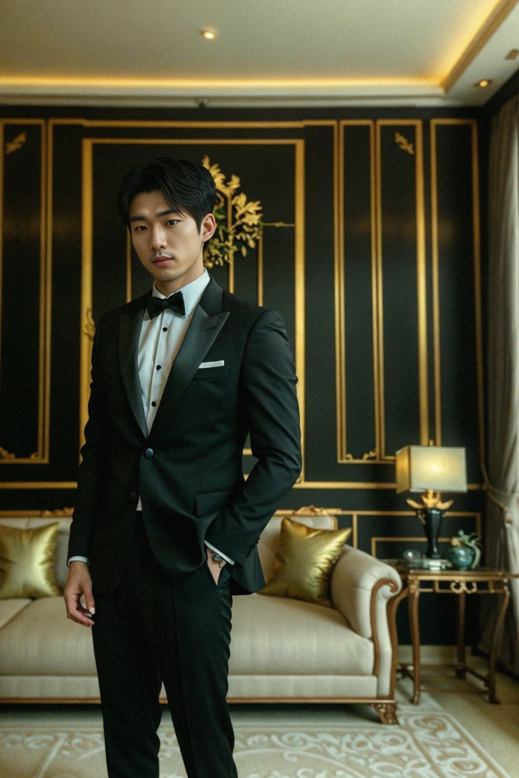 a man wearing  black suit in luxury villa living room, instagram photo, instagram,  fit body