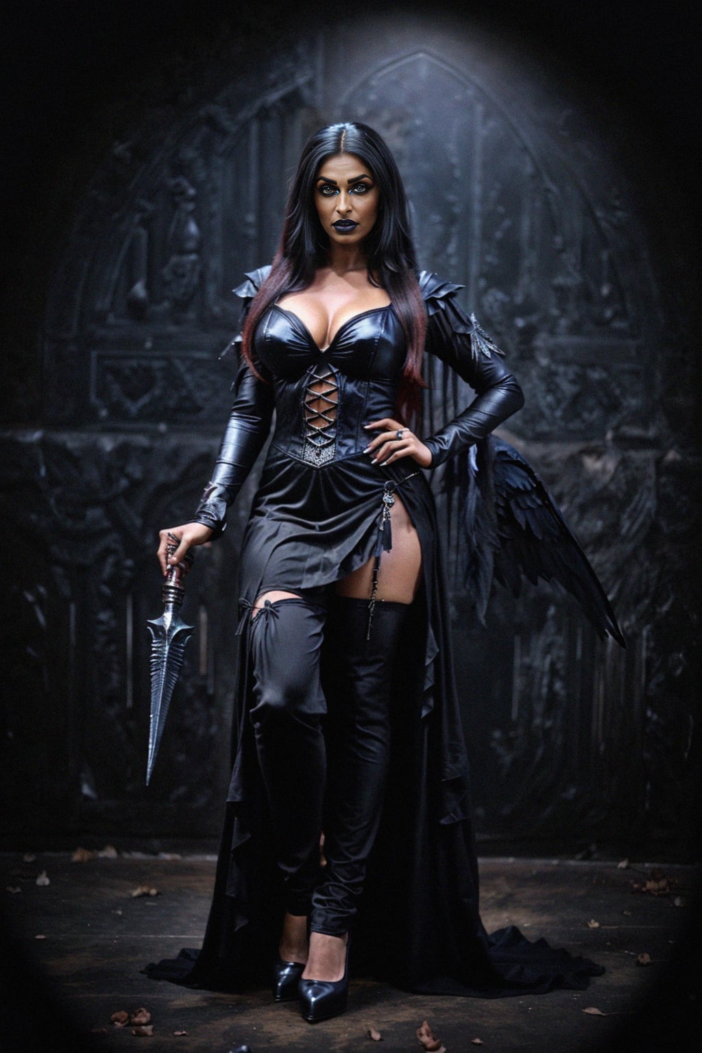 a woman dressed as an angel poses for a picture, dark angel, angel knight gothic girl, dark gothic dress, very sexy devil outfit, full body devil woman, gothic woman dressed in black and red, megan fox witch queen, raven winged female vampire, villainess has black angel wings, gothic outfit, tall female angel, gothic dress, fallen angel, winged woman angel, fishnet stockings