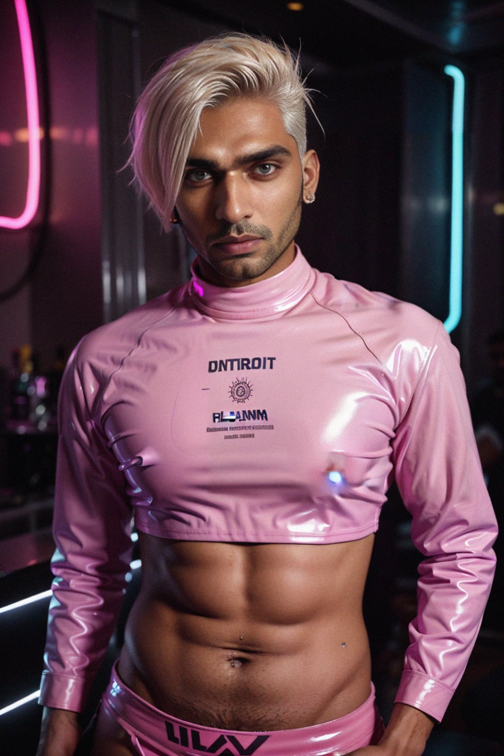 man with platinum blonde hair, in neon bar, cyberpunk, pink latex crop top, professional award winning photography, beautiful detailed eyes, highly detailed glossy eyes, high detailed skin, skin pores