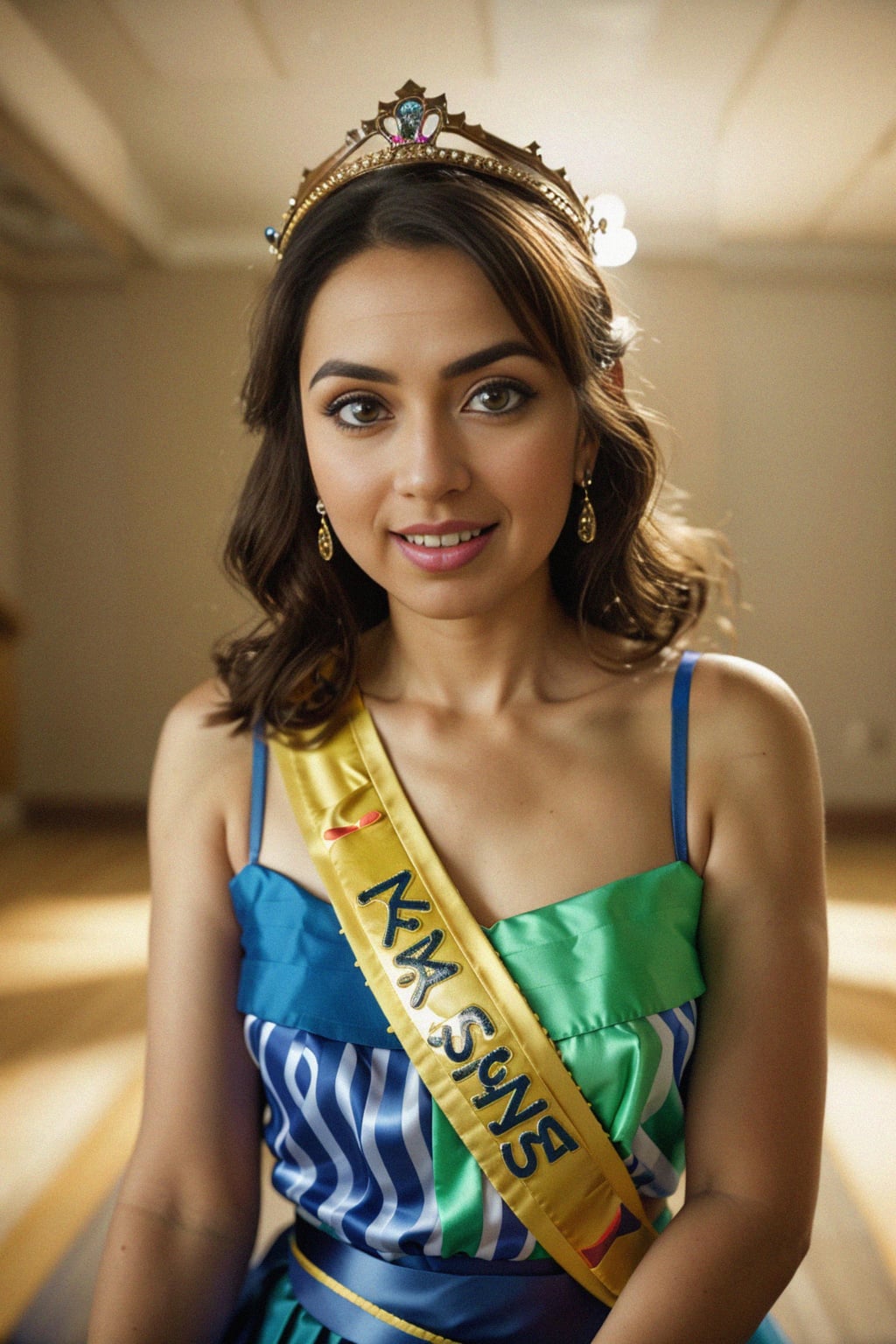 a person wearing a birthday sash or crown, striking a pose with a playful and celebratory expression