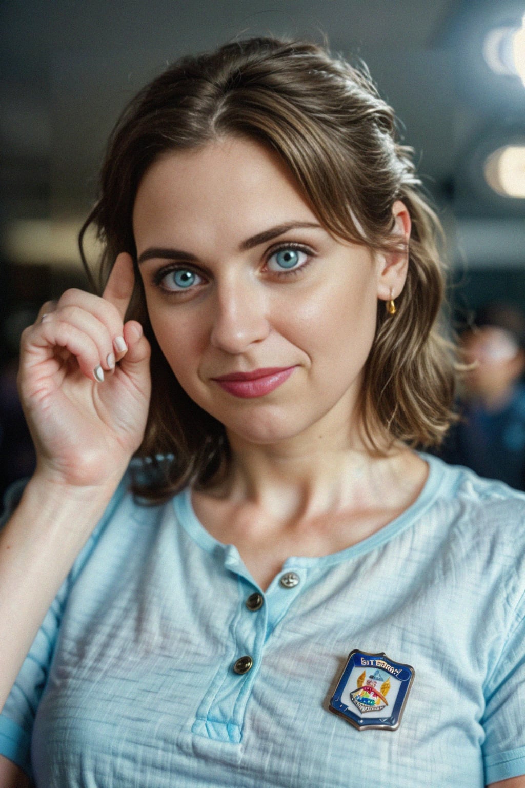 a person wearing a birthday badge or sticker, posing with a fun and playful gesture or prop