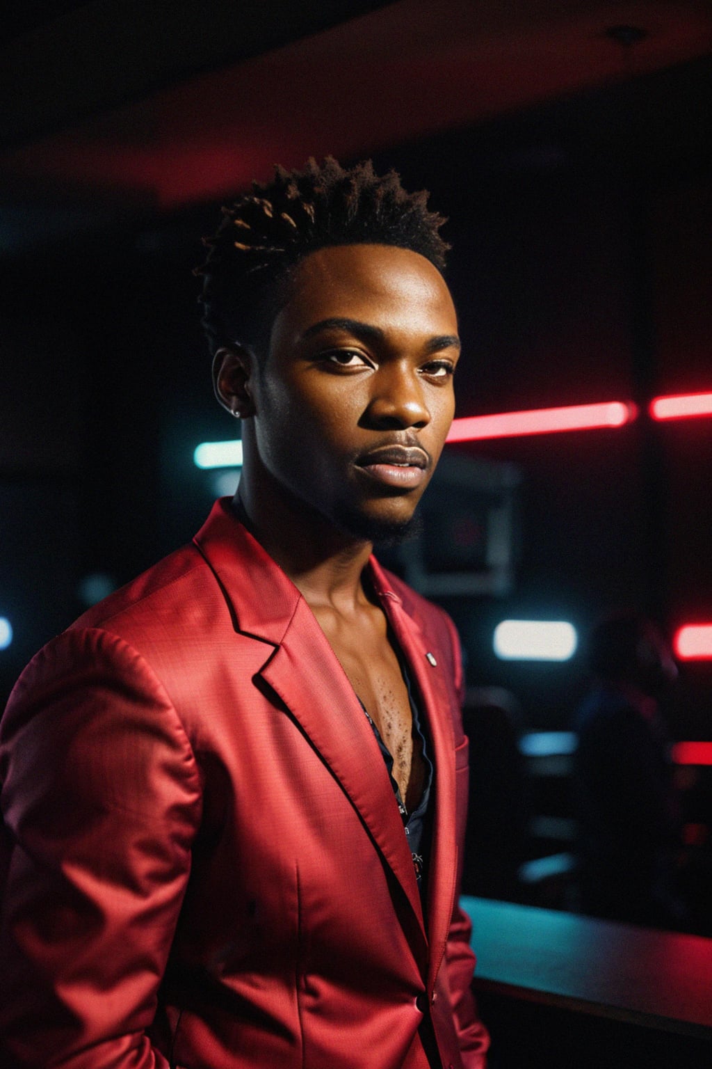 man wearing  (red suit) in night club neon lights