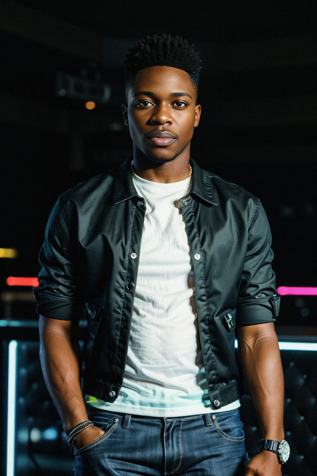 man wearing  smart casual in night club with neon lights