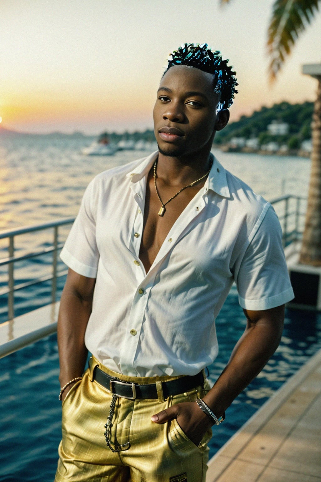 man wearing  shirt and swim shorts at an exclusive yacht party sunset, capturing the essence of luxury and opulence