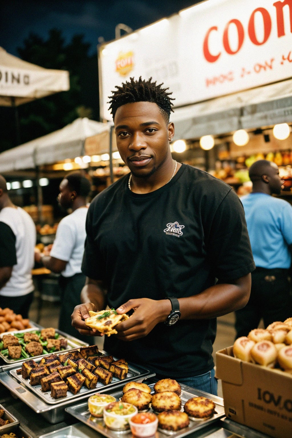 man at a pop-up food market at night, combining the love for street food with nightlife