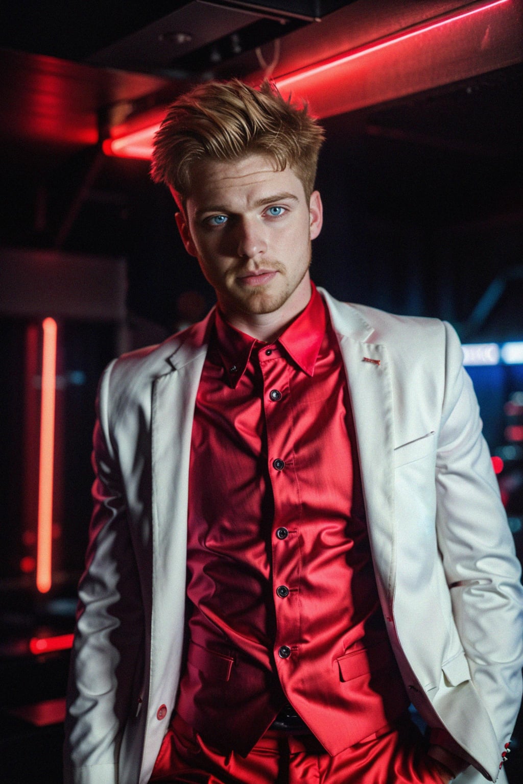 man wearing  (red suit) in night club neon lights