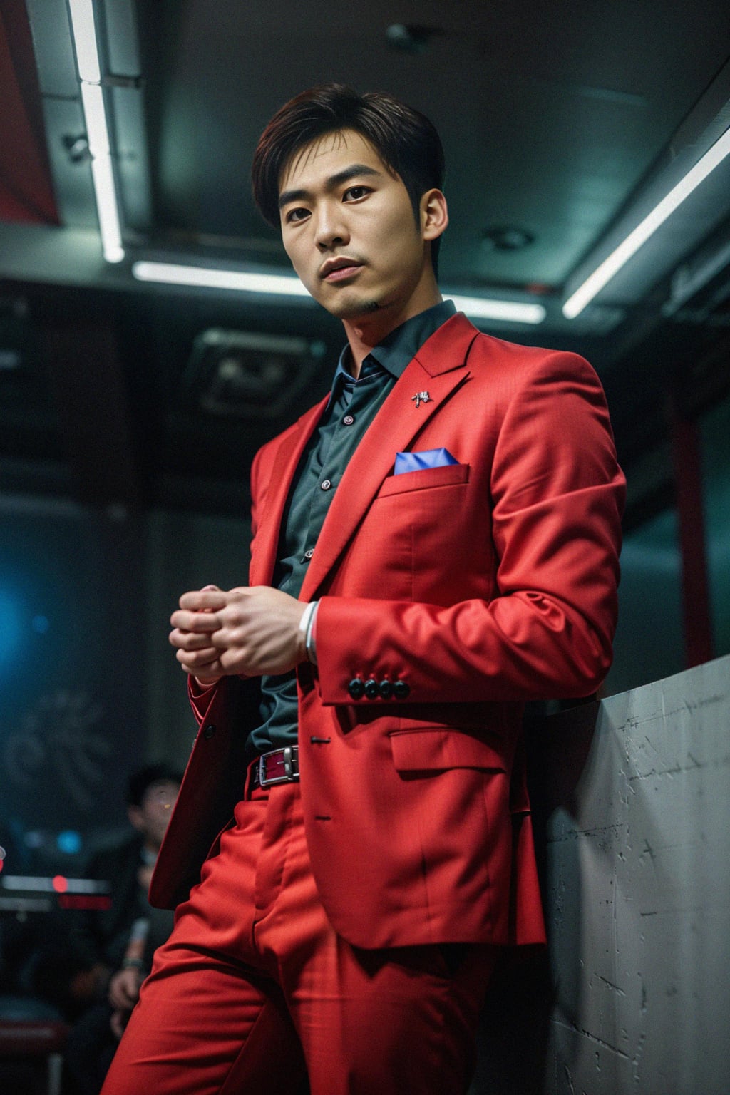 man wearing  (red suit) in night club neon lights