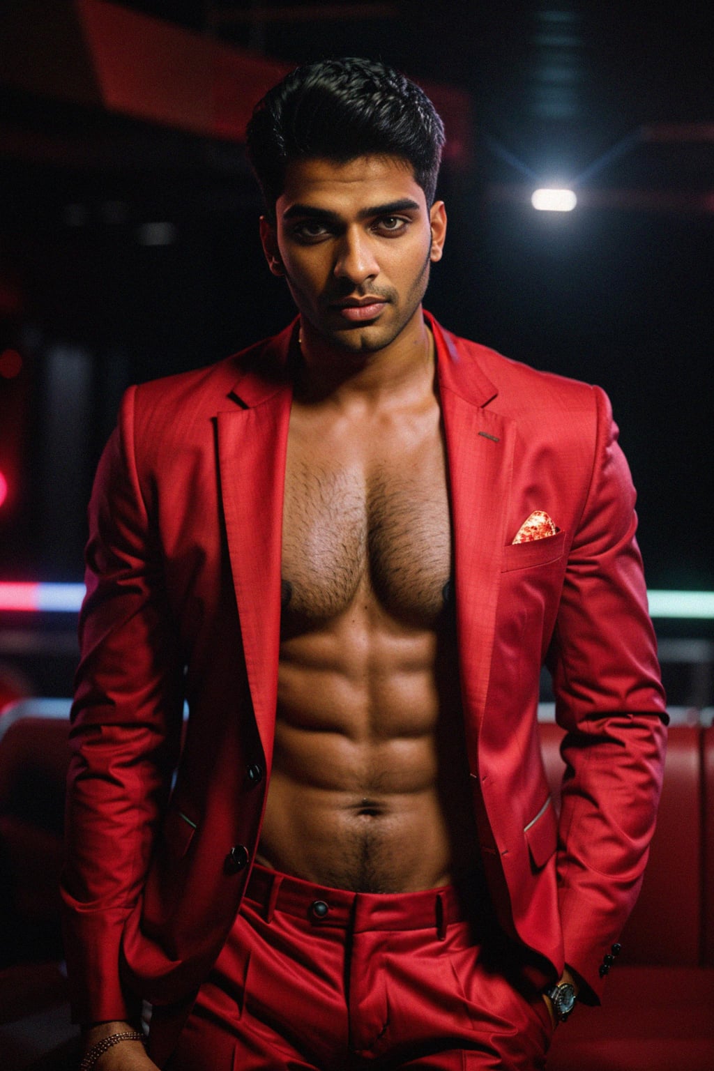 man wearing  (red suit) in night club neon lights