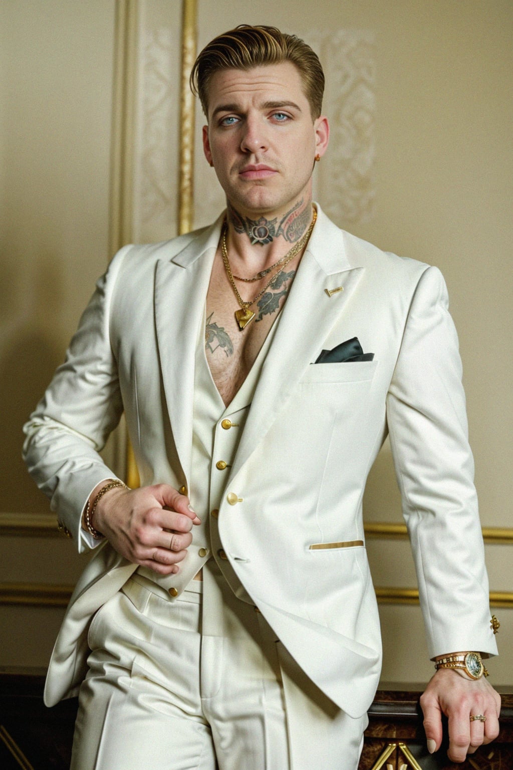 beautiful man as a mobster, mafia, mafia outfit, tailored suits, chunky gold jewelry, mafia aesthetic, flashy, glamorous, luxury, loud, Goodfellas, The Sopranos, Mob Wives, opulence, confidence
