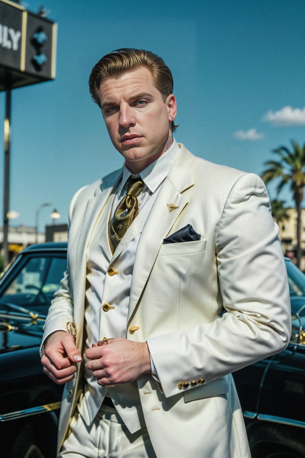 beautiful man as a mobster, mafia, mafia outfit, tailored suits, chunky gold jewelry, mafia aesthetic, flashy, glamorous, luxury, loud, Goodfellas, The Sopranos, Mob Wives, opulence, confidence