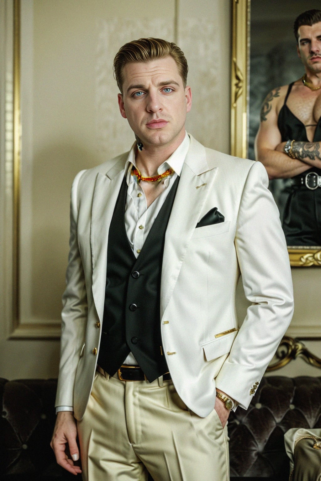beautiful man as a mobster, mafia, mafia outfit, tailored suits, chunky gold jewelry, mafia aesthetic, flashy, glamorous, luxury, loud, Goodfellas, The Sopranos, Mob Wives, opulence, confidence