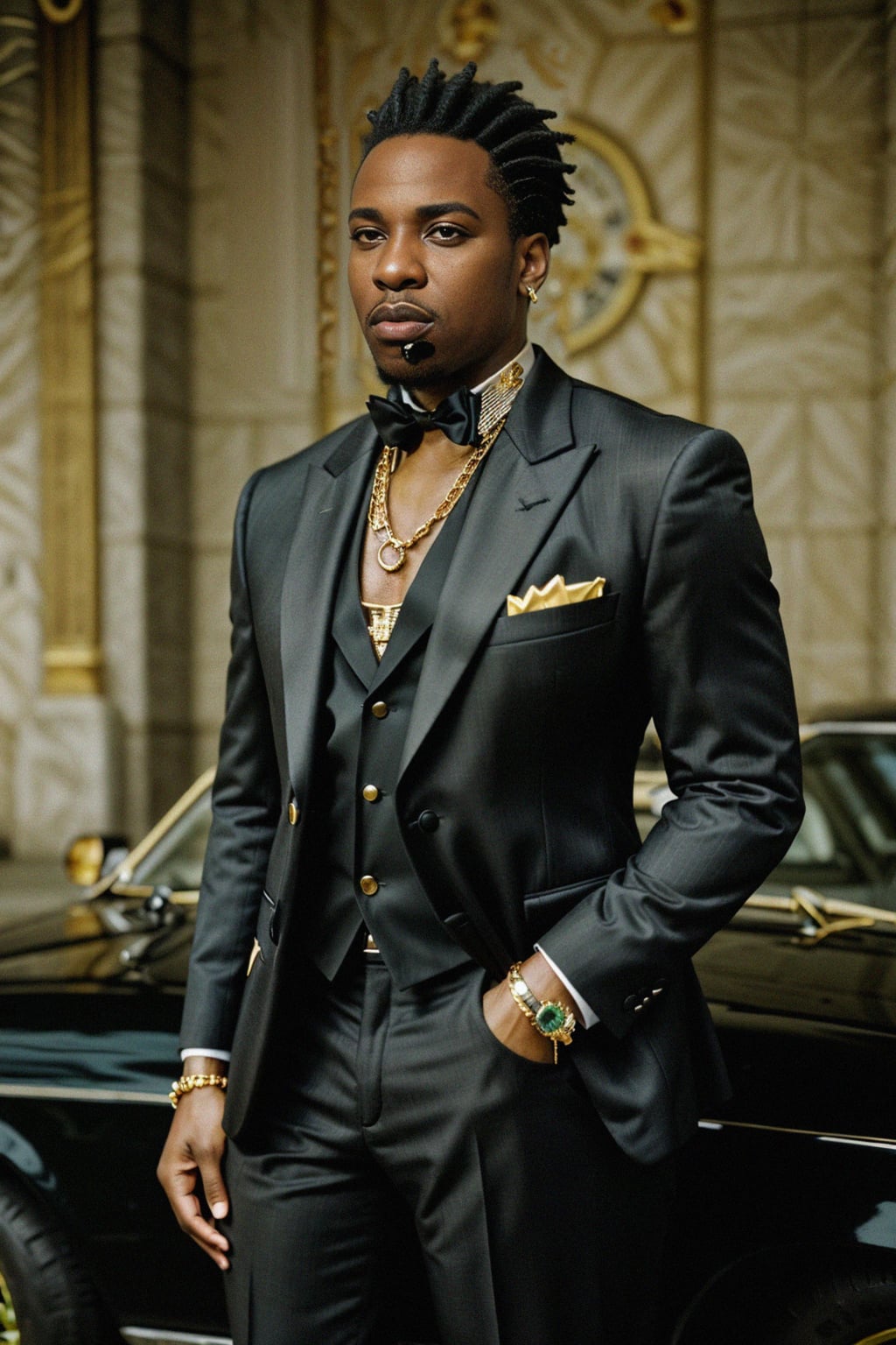 beautiful man as a mobster, mafia, mafia outfit, tailored suits, chunky gold jewelry, mafia aesthetic, flashy, glamorous, luxury, loud, Goodfellas, The Sopranos, Mob Wives, opulence, confidence