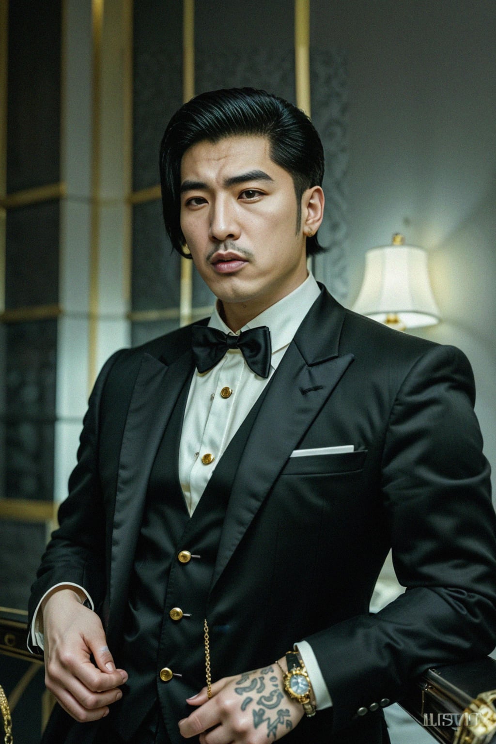 beautiful man as a mobster, mafia, mafia outfit, tailored suits, chunky gold jewelry, mafia aesthetic, flashy, glamorous, luxury, loud, Goodfellas, The Sopranos, Mob Wives, opulence, confidence