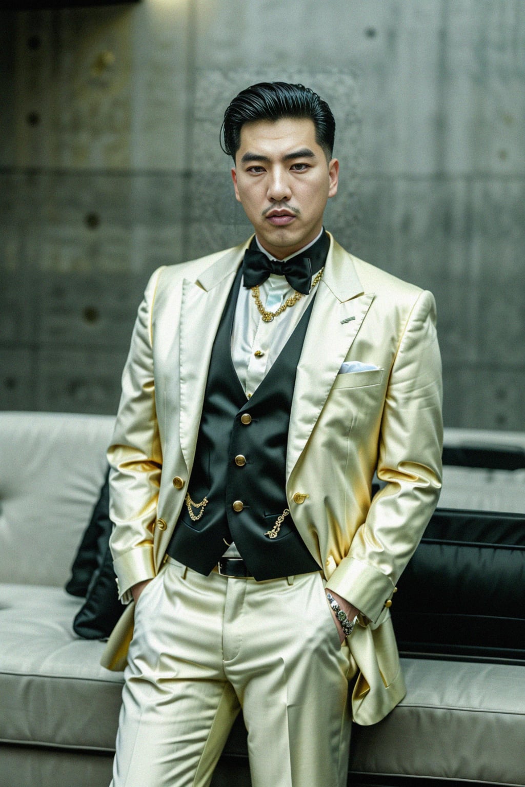 beautiful man as a mobster, mafia, mafia outfit, tailored suits, chunky gold jewelry, mafia aesthetic, flashy, glamorous, luxury, loud, Goodfellas, The Sopranos, Mob Wives, opulence, confidence