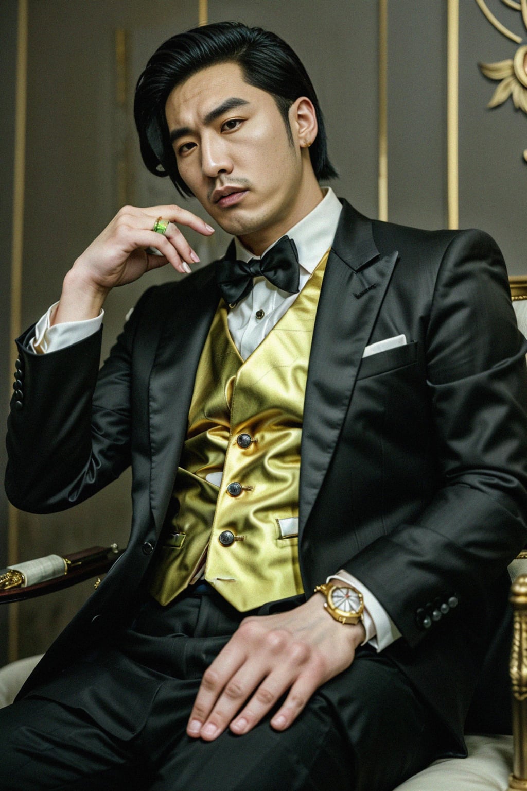 beautiful man as a mobster, mafia, mafia outfit, tailored suits, chunky gold jewelry, mafia aesthetic, flashy, glamorous, luxury, loud, Goodfellas, The Sopranos, Mob Wives, opulence, confidence