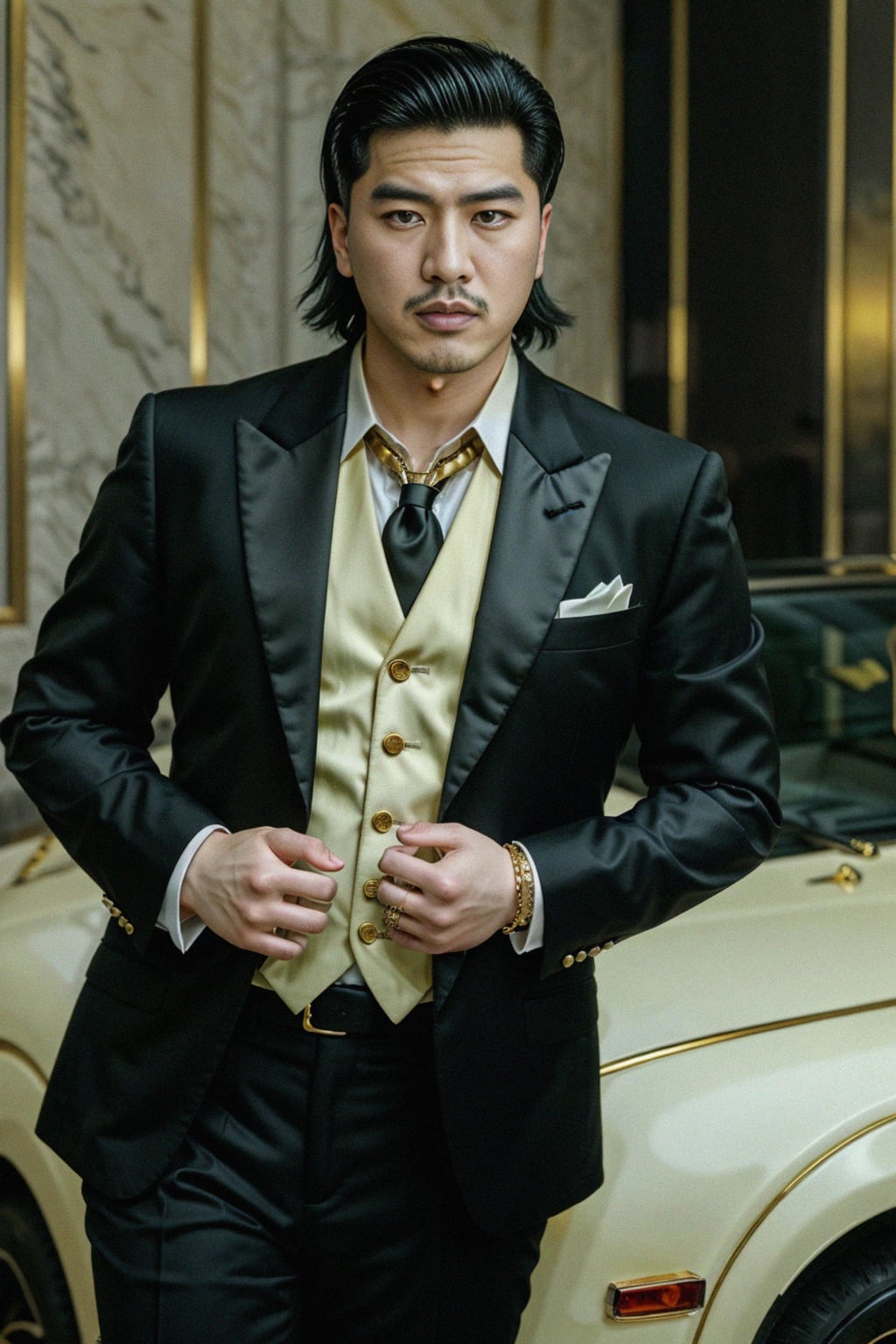 beautiful man as a mobster, mafia, mafia outfit, tailored suits, chunky gold jewelry, mafia aesthetic, flashy, glamorous, luxury, loud, Goodfellas, The Sopranos, Mob Wives, opulence, confidence