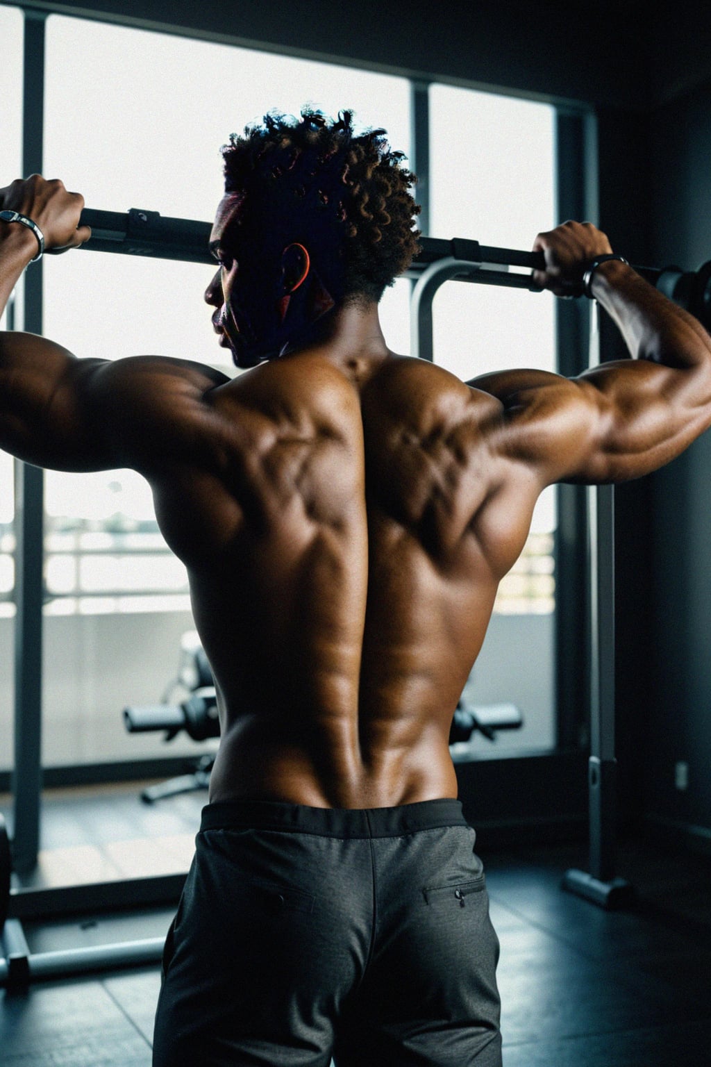 a fit male  man as fitness influencer showcasing their back muscles with a lat pulldown exercise in the gym