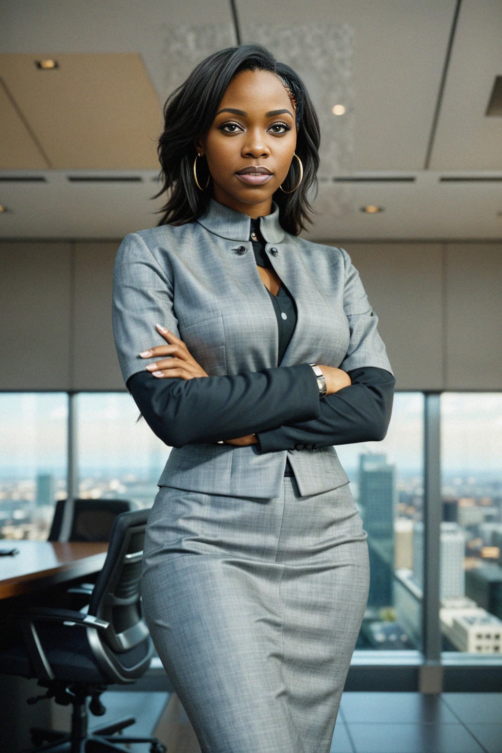 8k professional headshot of woman, crisp details, studio backdrop, executive attire, confident posture, neutral expression, high-definition, corporate setting, sharp focus, ambient lighting, business professional, cityscape view