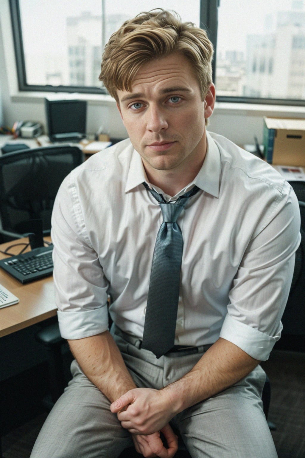 headshot of man, sitting at a desk, at a (office),  shirt and tie and suit pants