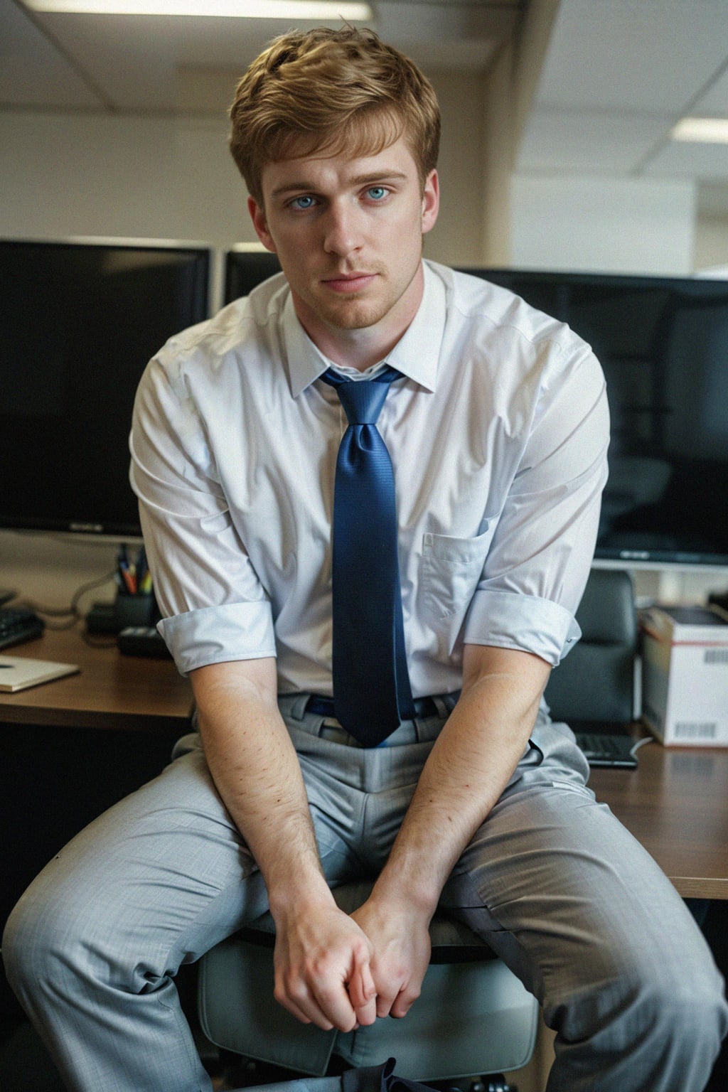 headshot of man, sitting at a desk, at a (office),  shirt and tie and suit pants