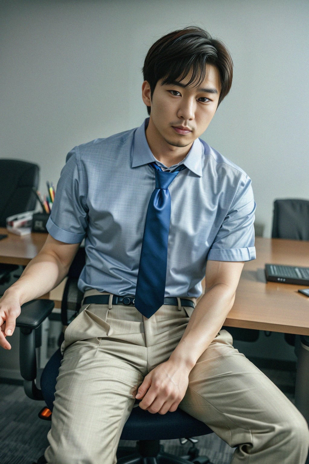 headshot of man, sitting at a desk, at a (office),  shirt and tie and suit pants