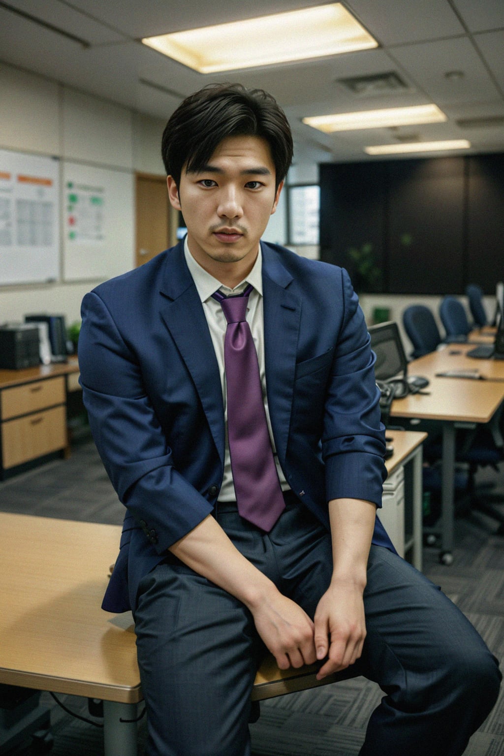 headshot of man, sitting at a desk, at a (office),  shirt and tie and suit pants