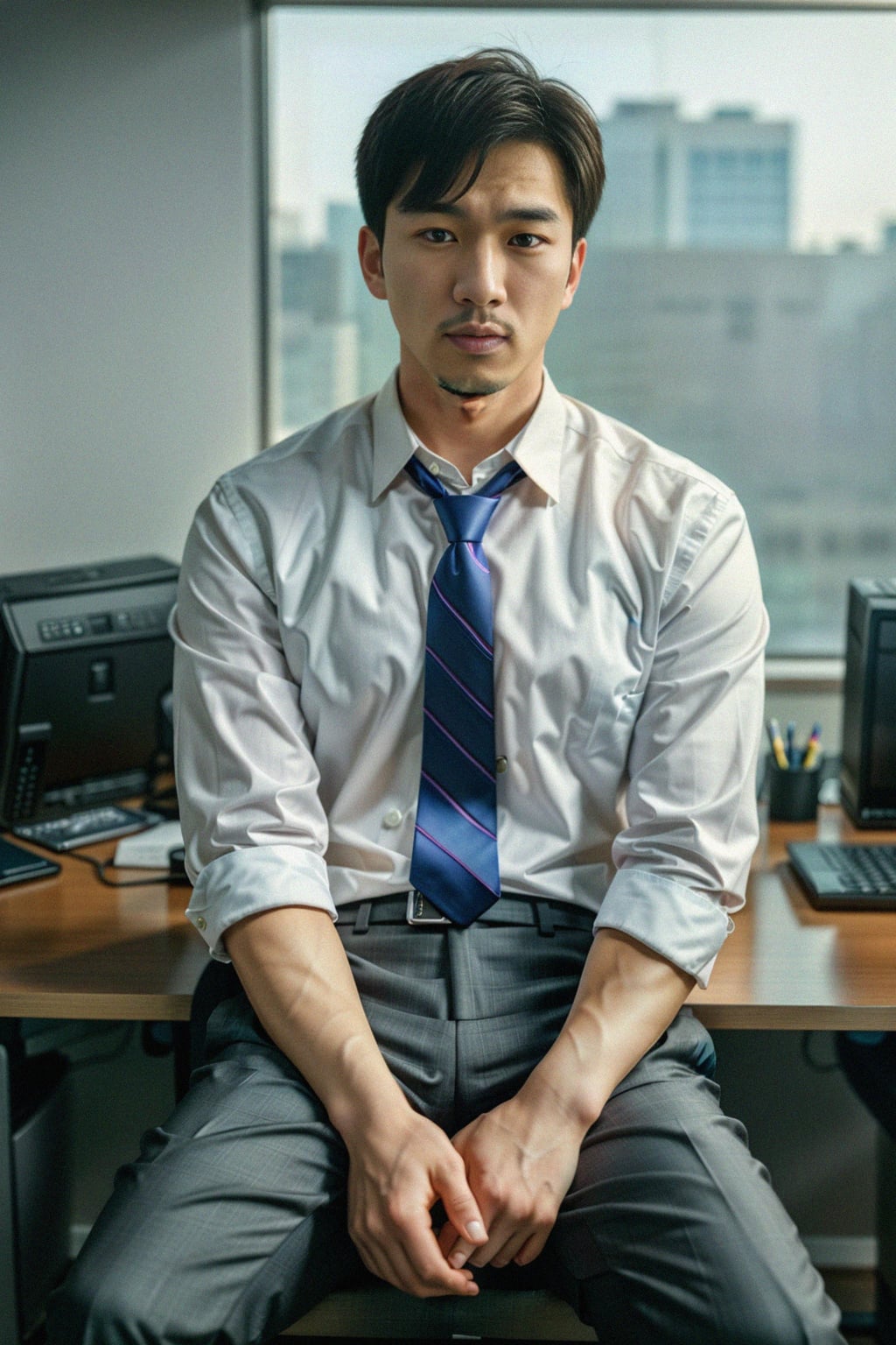 headshot of man, sitting at a desk, at a (office),  shirt and tie and suit pants