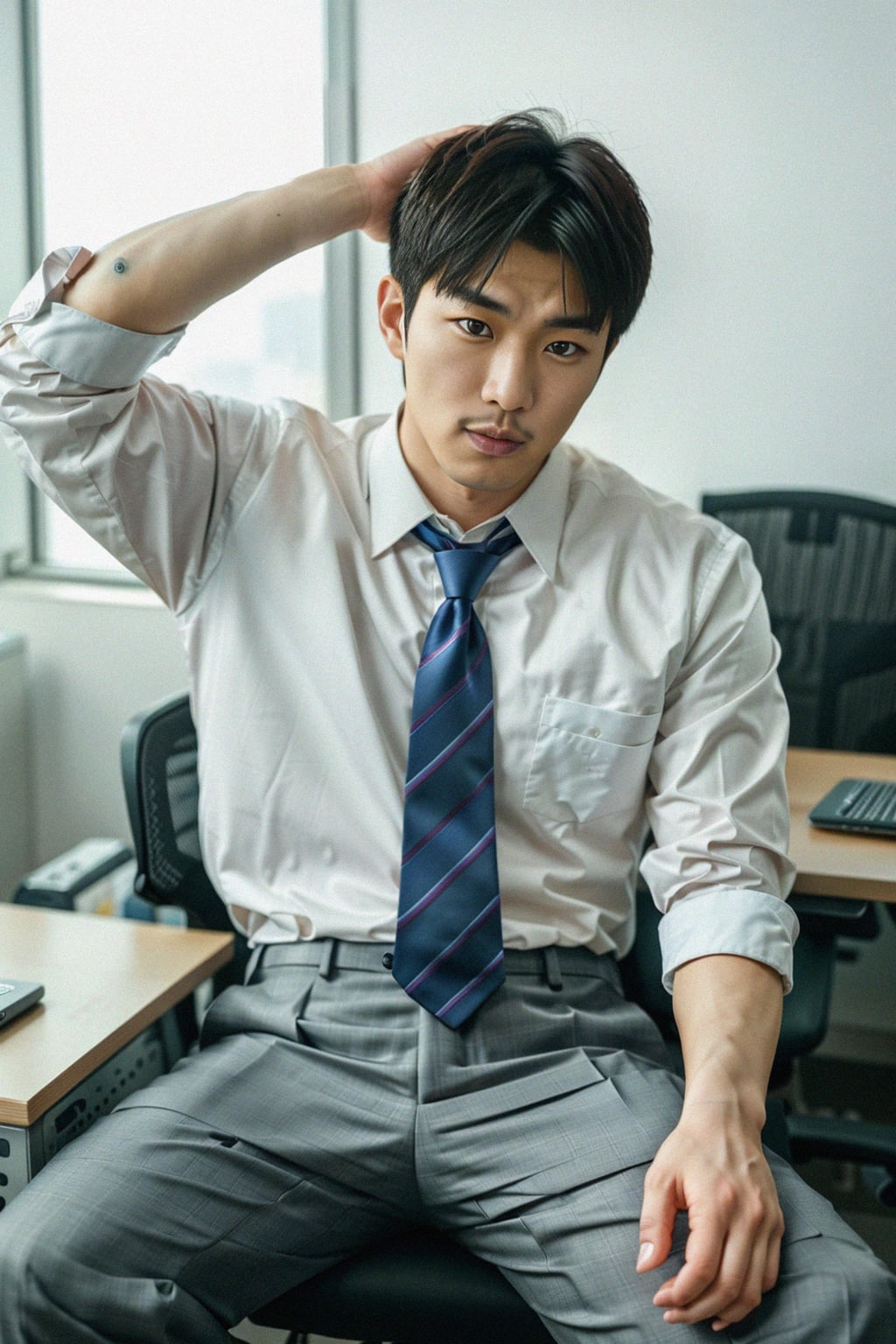 headshot of man, sitting at a desk, at a (office),  shirt and tie and suit pants