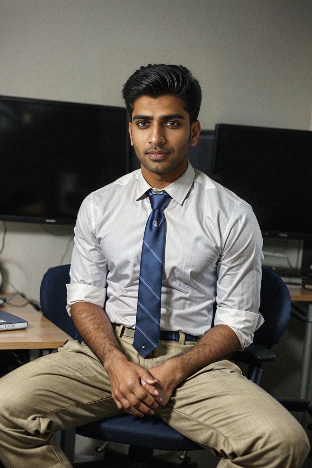 headshot of man, sitting at a desk, at a (office),  shirt and tie and suit pants