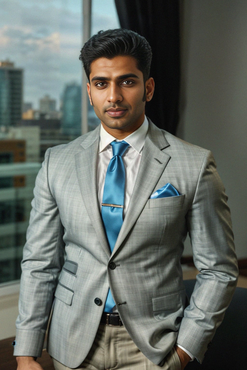 8k professional headshot of man, crisp details, studio backdrop, executive attire, confident posture, neutral expression, high-definition, corporate setting, sharp focus, ambient lighting, business professional, cityscape view