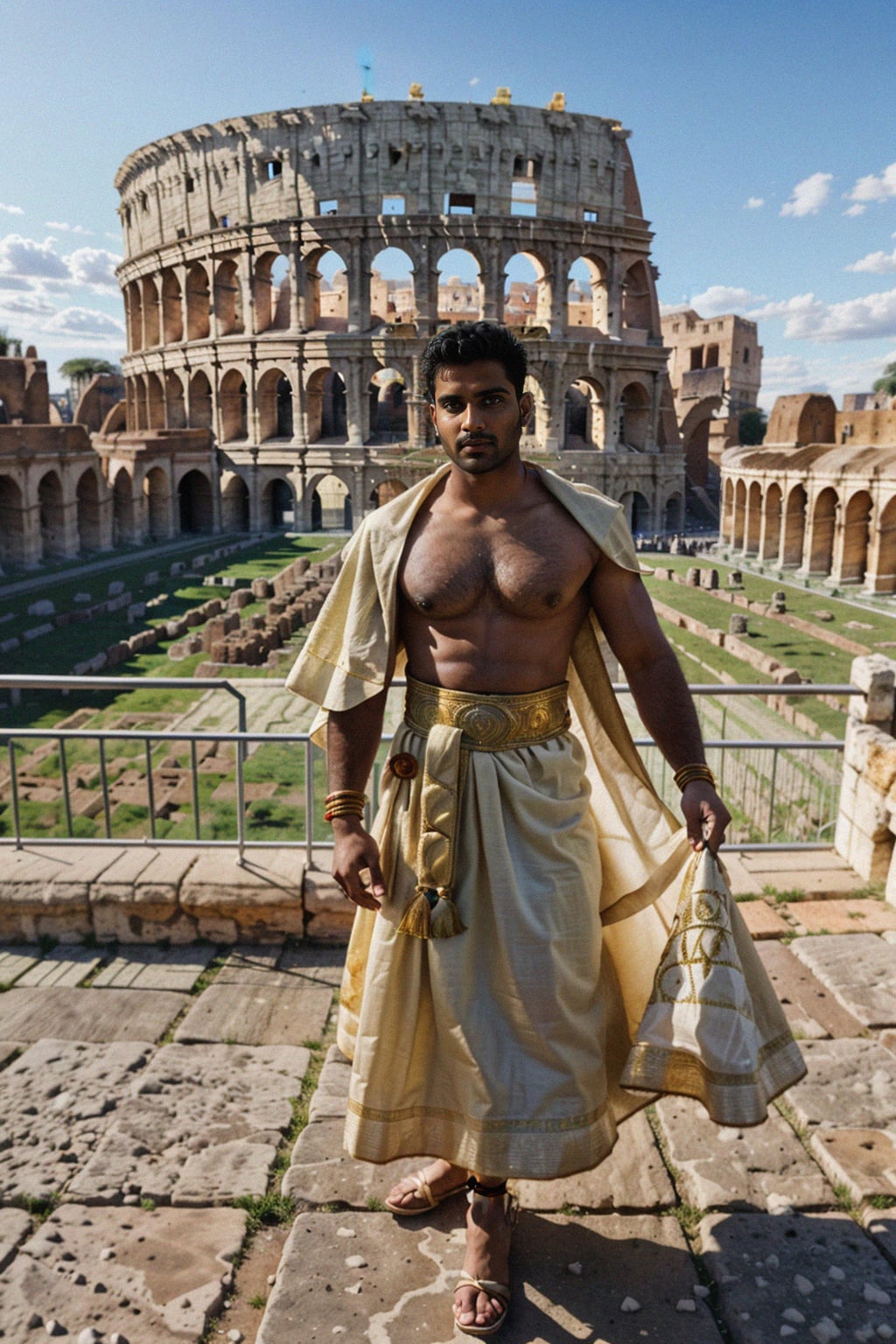 grand and historical man in Rome wearing a traditional Roman stola/toga, Colosseum in the background
