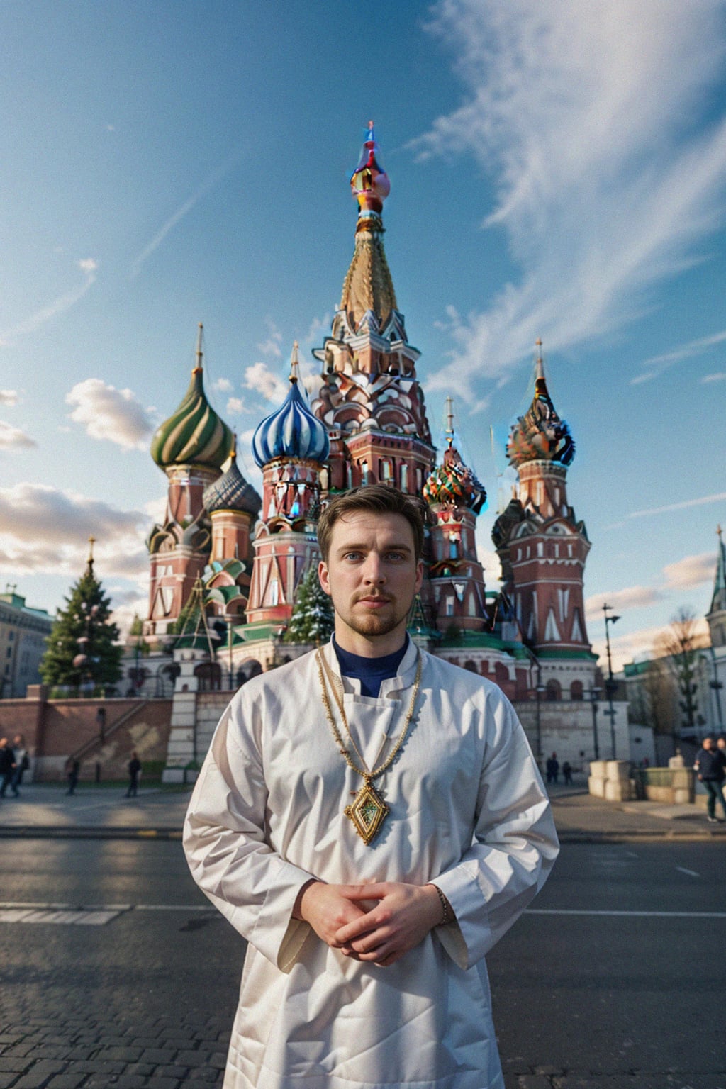 authentic and cultural man in Moscow wearing a traditional sarafan/kosovorotka, Saint Basil's Cathedral in the background