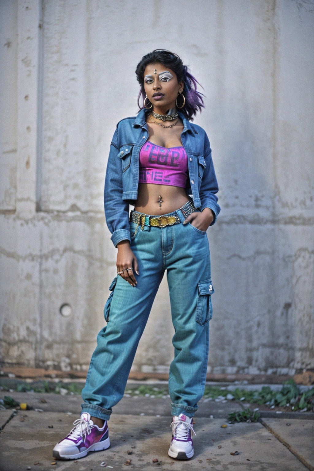 woman wearing Y2K aesthetic, 2000s fashion, aughts style, noughties style, grunge or 2000s style, oversized washed out style, baggy pants, low rise pants or cargo pants, crop top, Choker, Metallic, iridescent fabrics, posing for photo