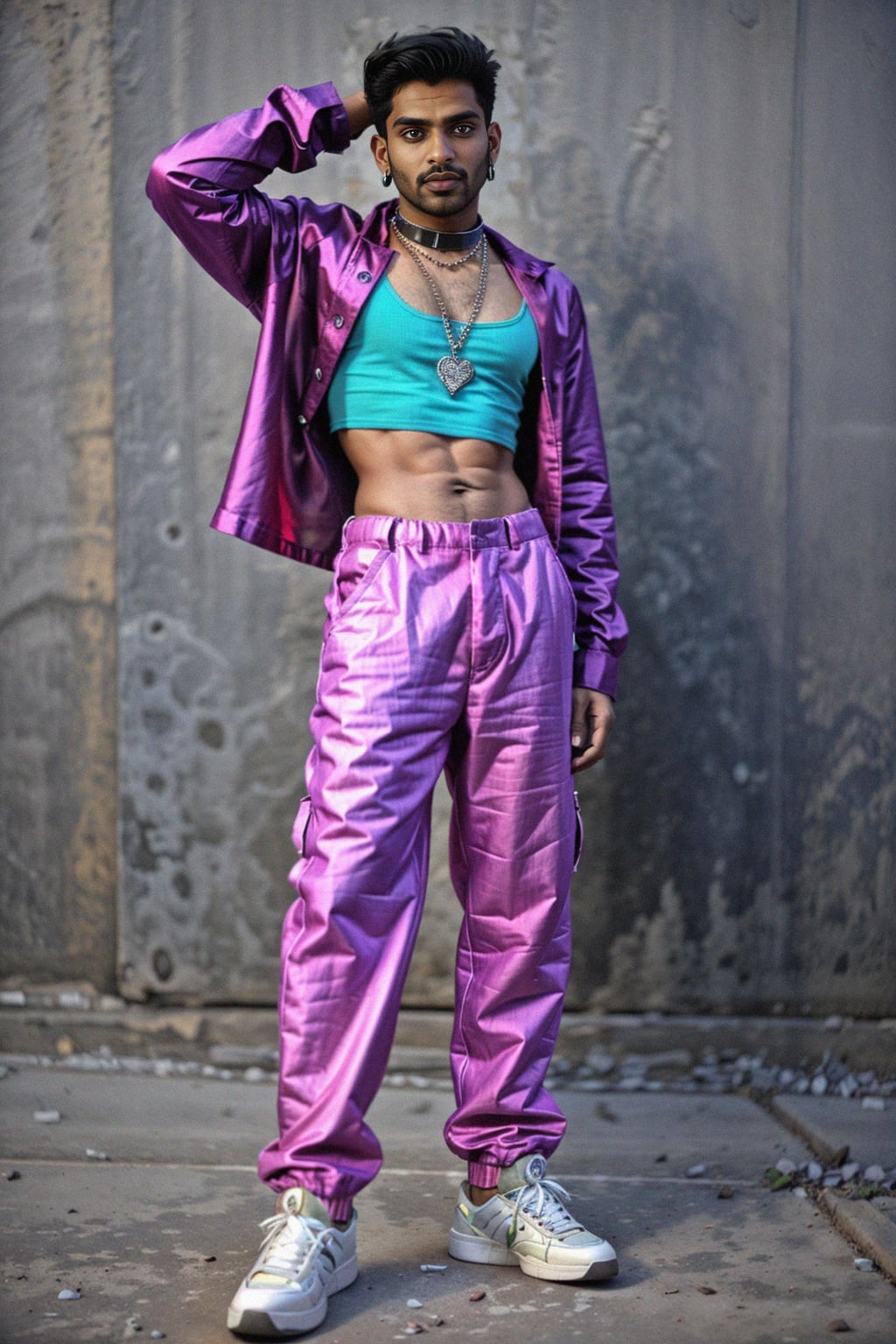 man wearing Y2K aesthetic, 2000s fashion, aughts style, noughties style, grunge or 2000s style, oversized washed out style, baggy pants, low rise pants or cargo pants, crop top, Choker, Metallic, iridescent fabrics, posing for photo