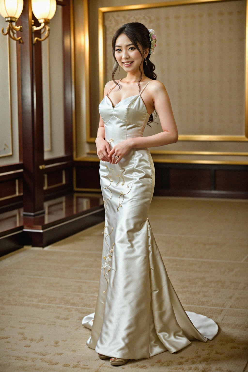 full body shot of smiling woman in wedding photoshoot. Bridal style. Wedding style. Marriage style. Wedding dress . At a glamorous hotel wedding venue.