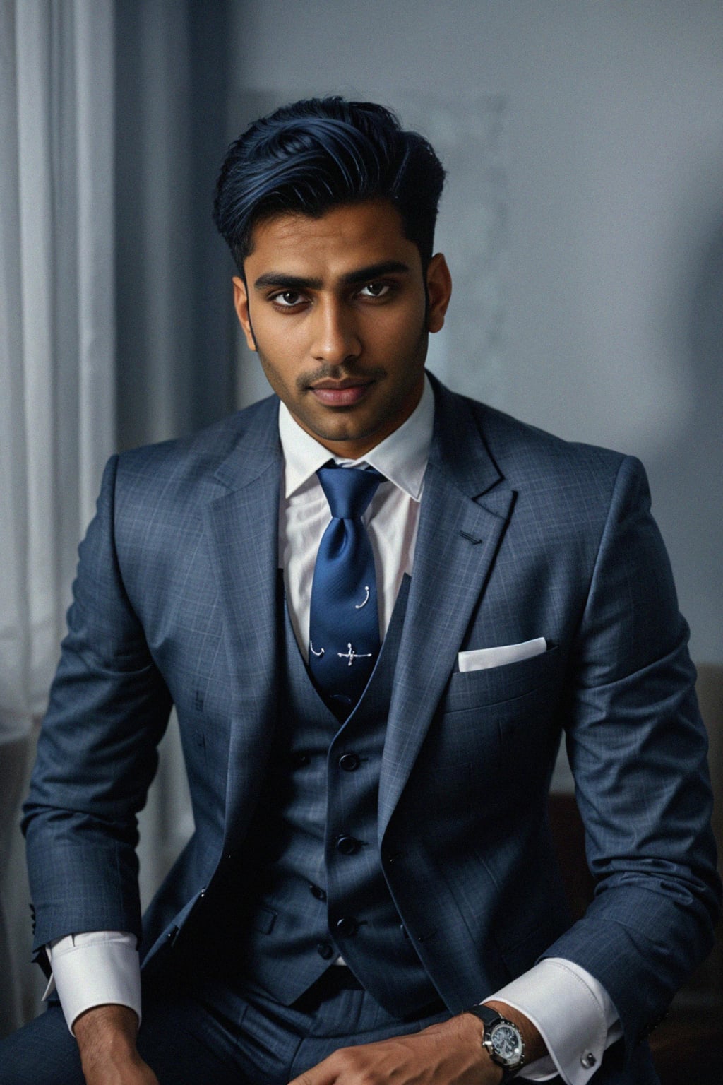handsome and stylish man wearing a classic navy blue suit with a crisp white dress shirt and a patterned tie