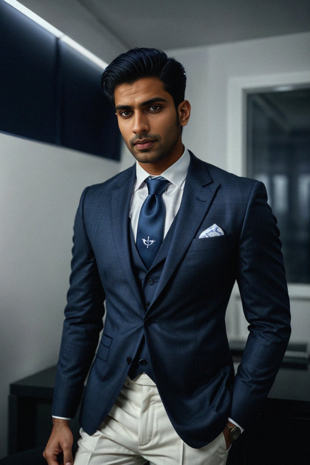 handsome and stylish man wearing a classic navy blue suit with a crisp white dress shirt and a patterned tie