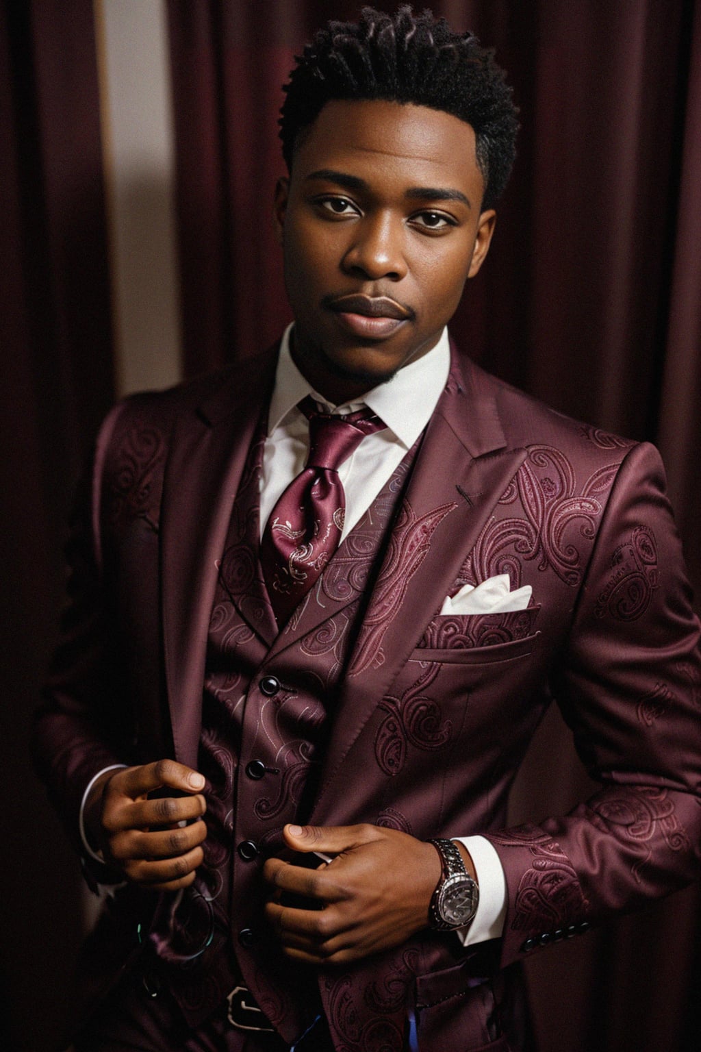 handsome and stylish man trying on a stylish three-piece suit in a rich burgundy color with a crisp white shirt and a paisley patterned pocket square