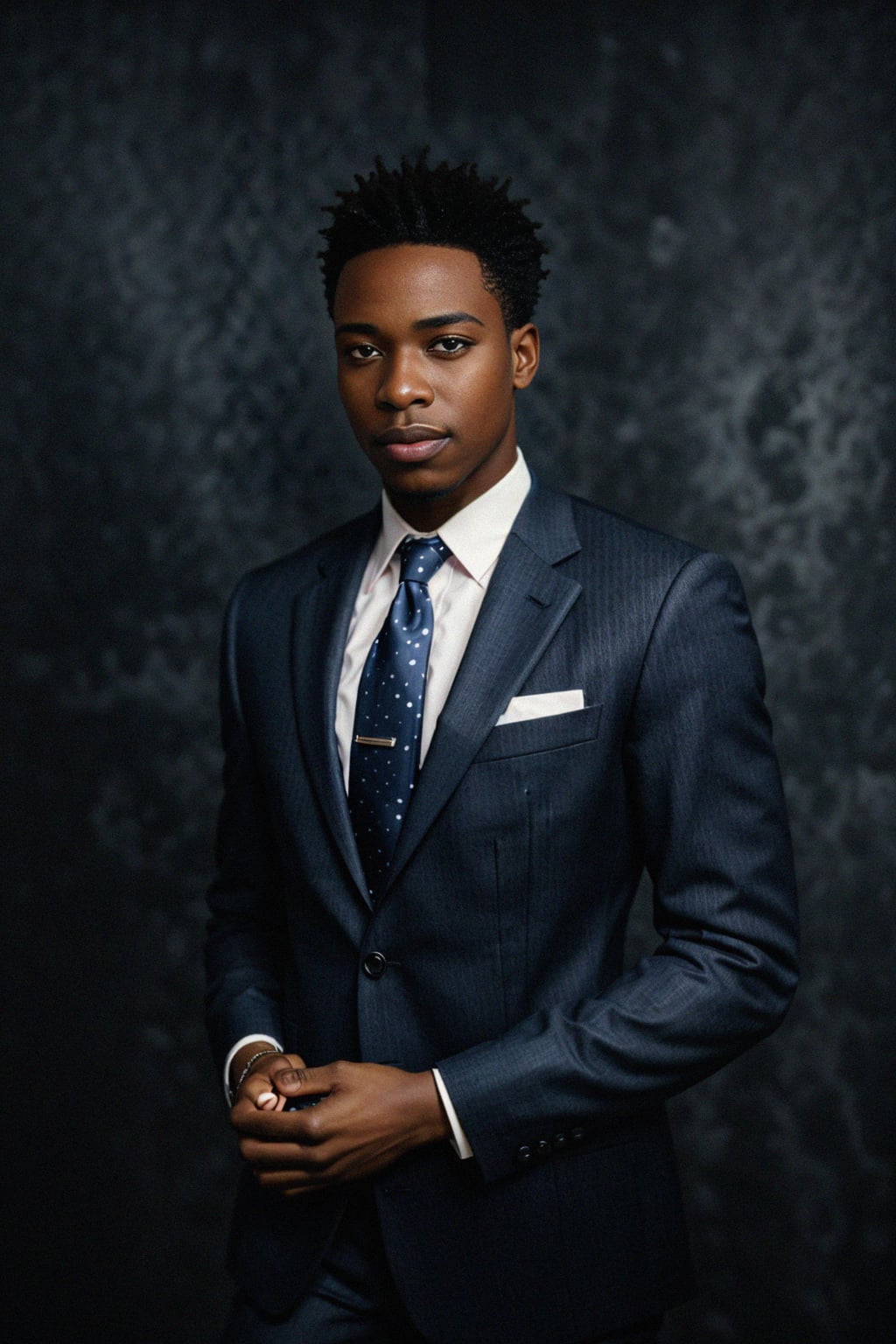 handsome and stylish man wearing a classic navy herringbone suit with a light pink dress shirt and a polka dot tie