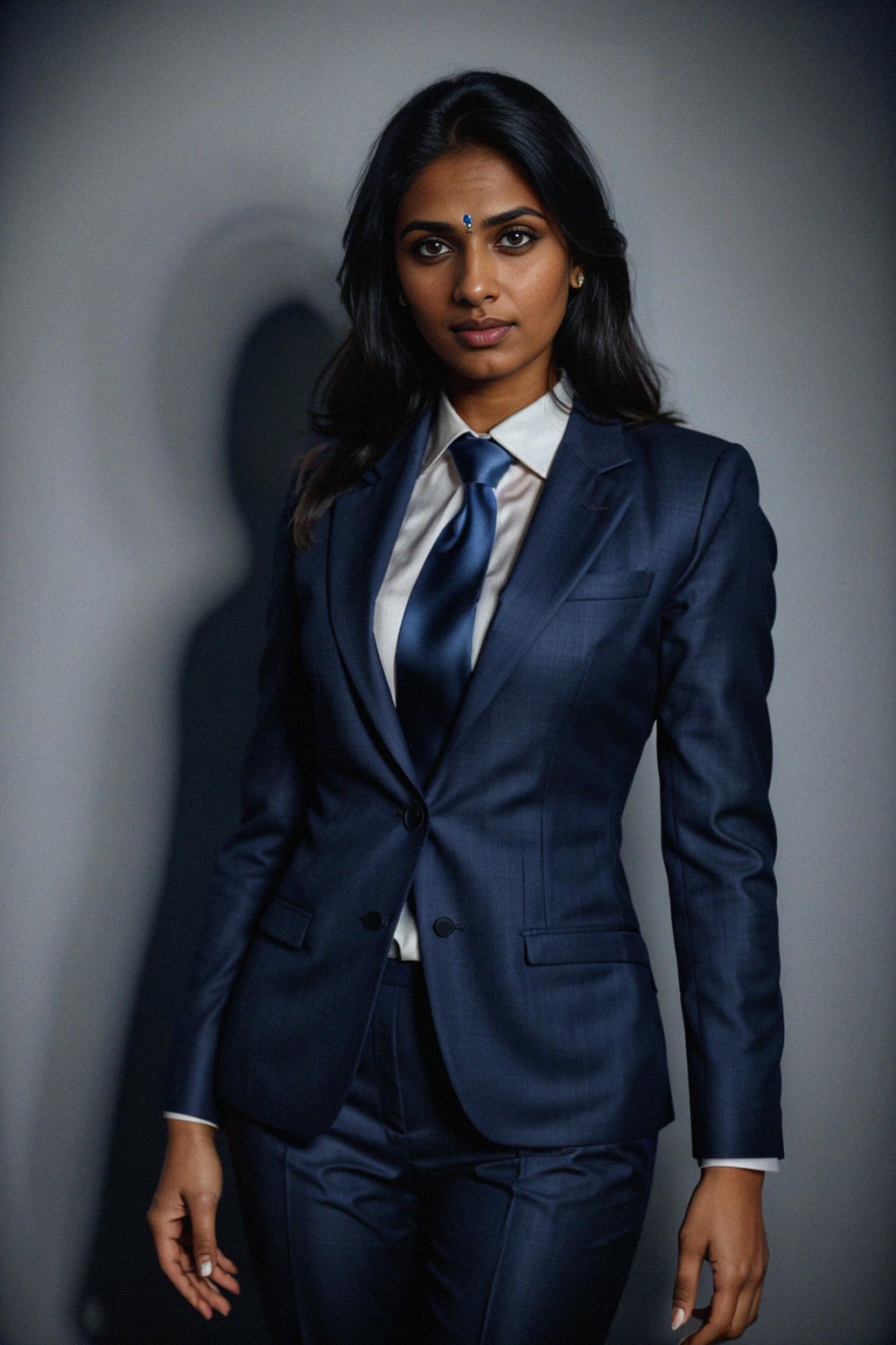 woman wearing a classic navy blue suit with a crisp white dress shirt and a patterned tie