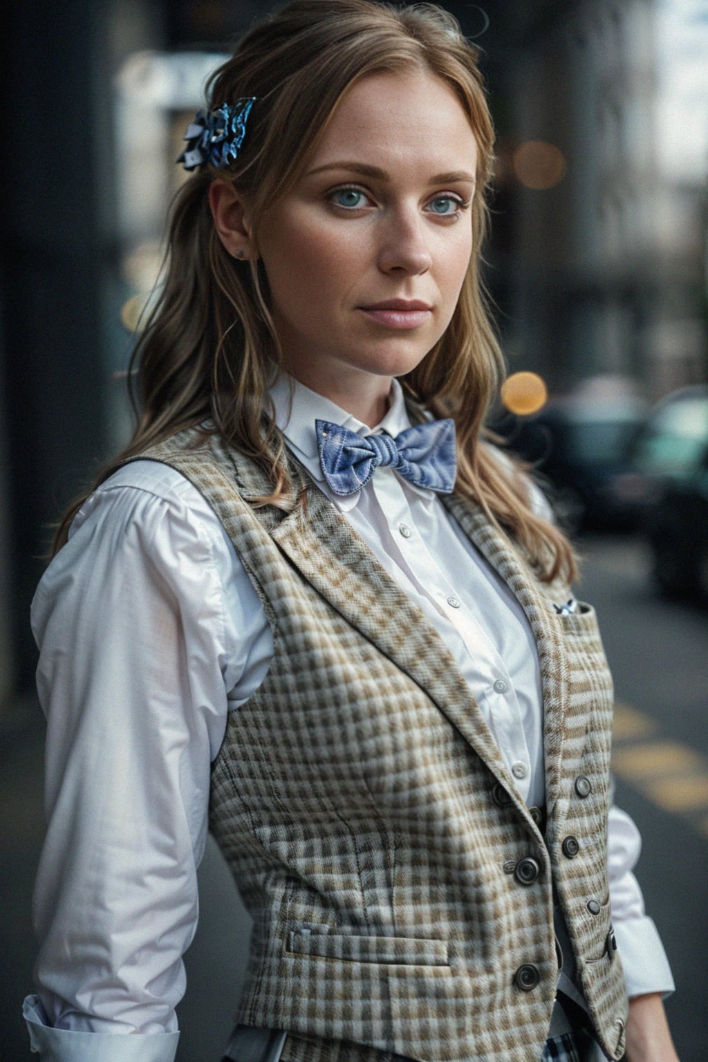 woman wearing a trendy tweed suit with a patterned bow tie and a contrasting vest