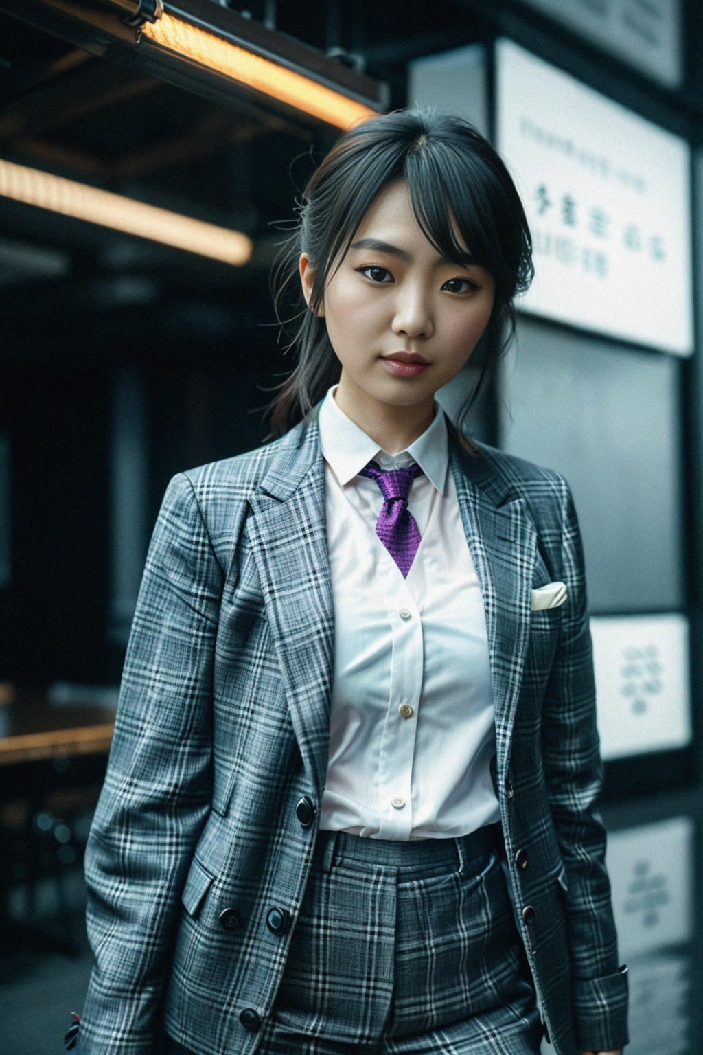 woman showcasing a dappersuit in a bold plaid pattern with a solid-colored shirt and a knitted tie