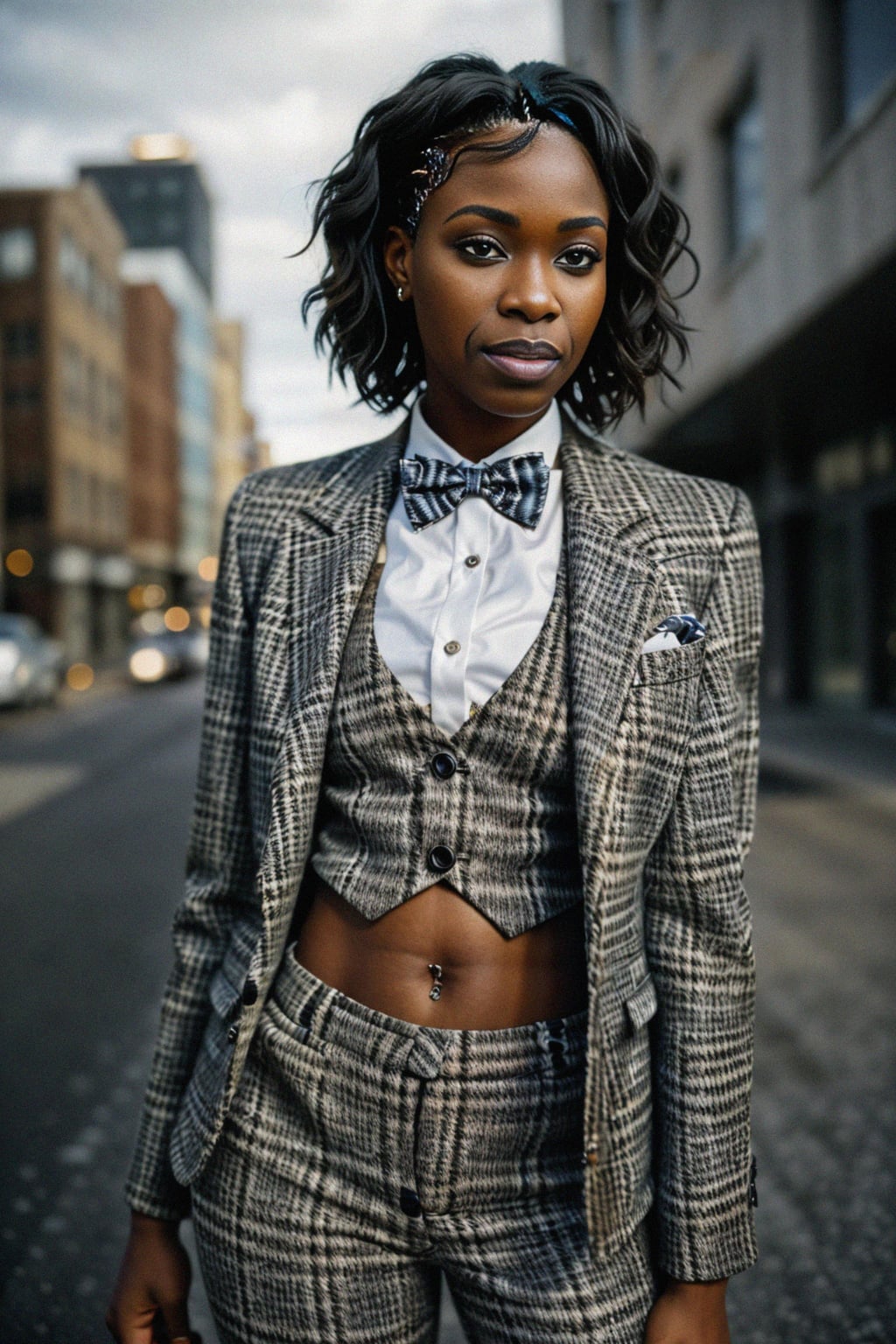 woman wearing a trendy tweed suit with a patterned bow tie and a contrasting vest